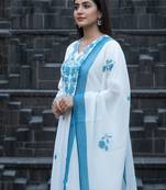 White viscose rayon embroidered kurta trouser dupatta set