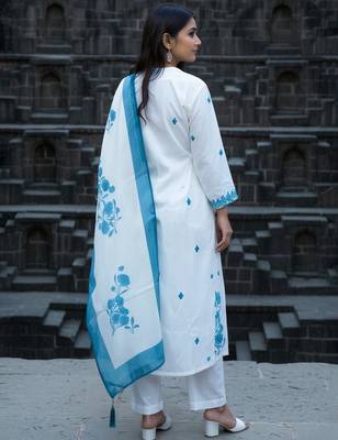 White viscose rayon embroidered kurta trouser dupatta set 2
