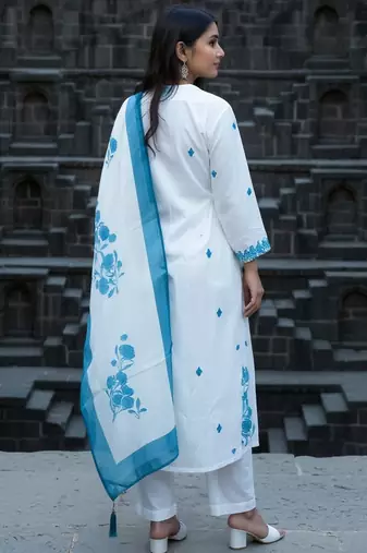 White viscose rayon embroidered kurta trouser dupatta set