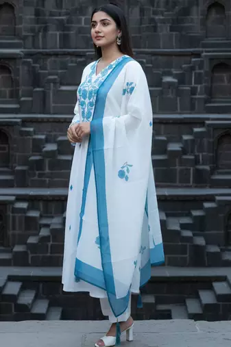 White viscose rayon embroidered kurta trouser dupatta set