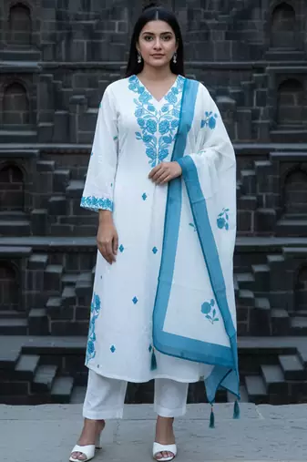 White viscose rayon embroidered kurta trouser dupatta set