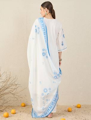 White pure cotton embroidered kurta trouser dupatta set 3