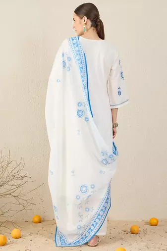 White pure cotton embroidered kurta trouser dupatta set