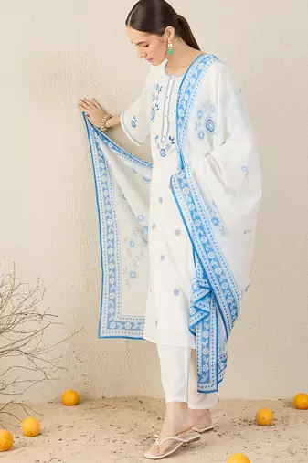 White pure cotton embroidered kurta trouser dupatta set