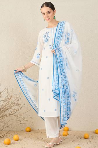 White pure cotton embroidered kurta trouser dupatta set