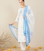 White pure cotton embroidered kurta trouser dupatta set