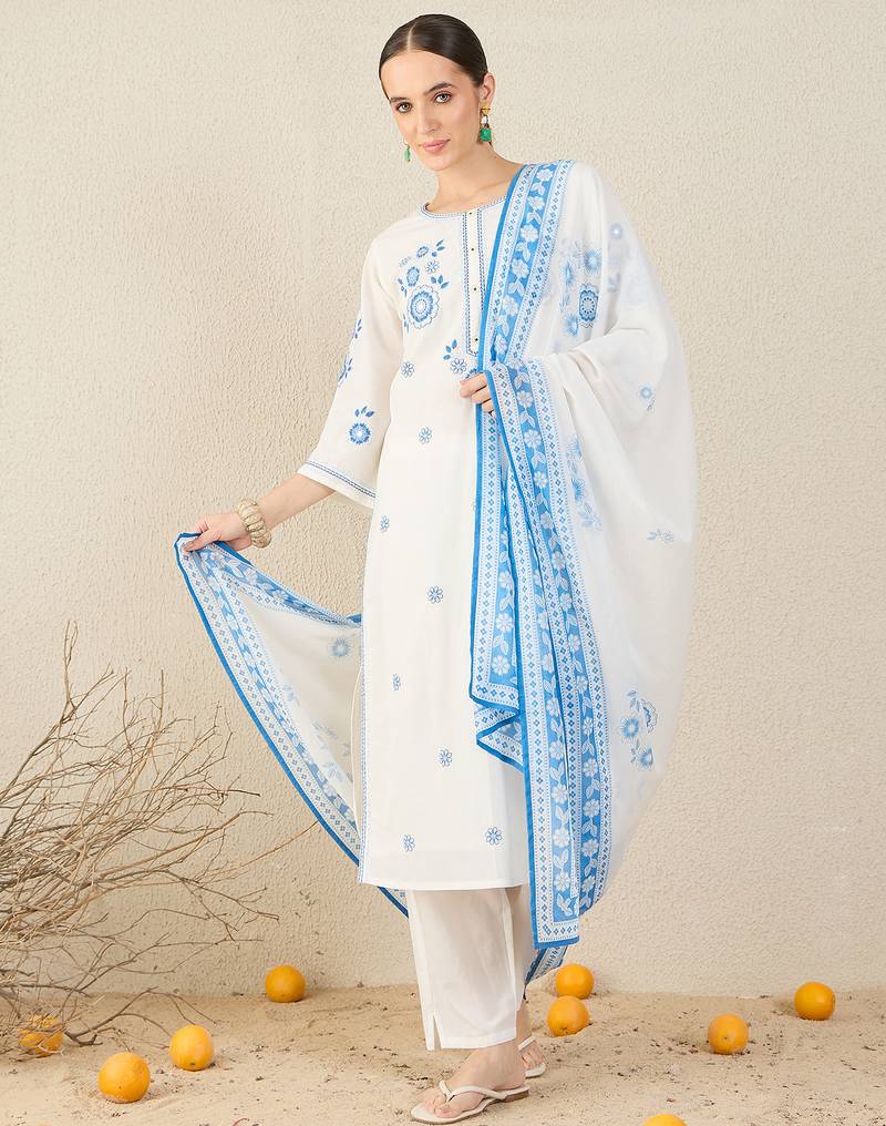White pure cotton embroidered kurta trouser dupatta set