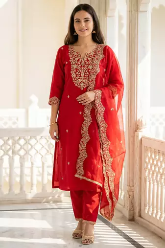 Red liva embroidered kurta trouser dupatta set