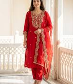 Red liva embroidered kurta trouser dupatta set