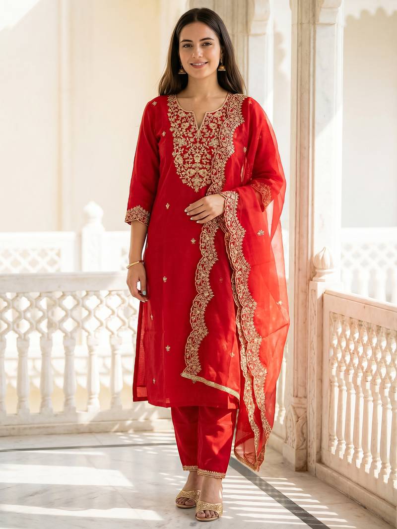 Red liva embroidered kurta trouser dupatta set