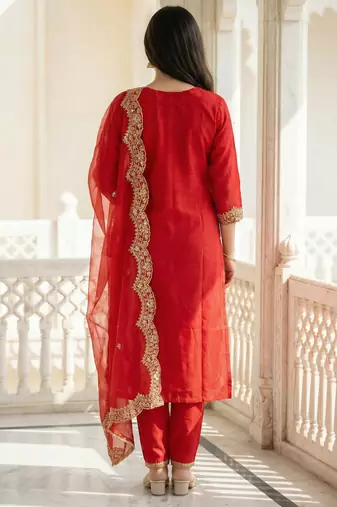 Red liva embroidered kurta trouser dupatta set