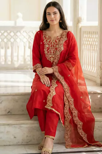 Red liva embroidered kurta trouser dupatta set