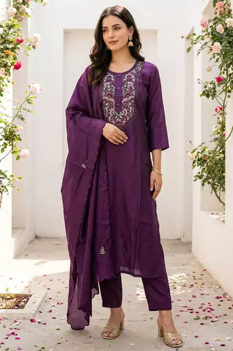 Burgundy silk blend embroidered kurta trouser dupatta set