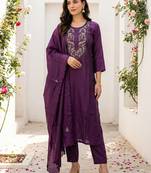 Burgundy silk blend embroidered kurta trouser dupatta set