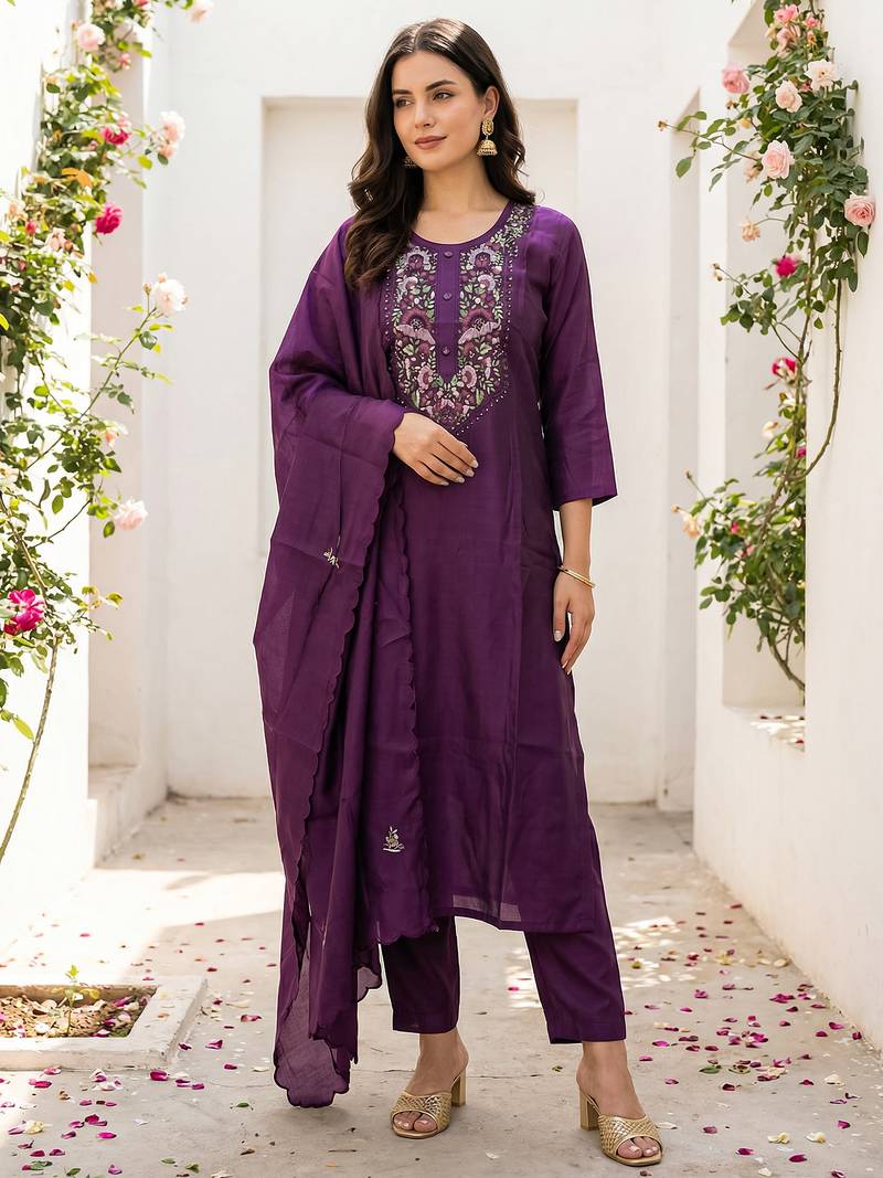 Burgundy silk blend embroidered kurta trouser dupatta set