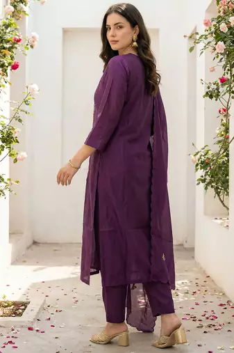 Burgundy silk blend embroidered kurta trouser dupatta set