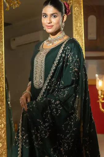 Green silk blend embroidered kurta trouser dupatta set
