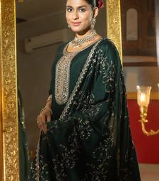Green silk blend embroidered kurta trouser dupatta set