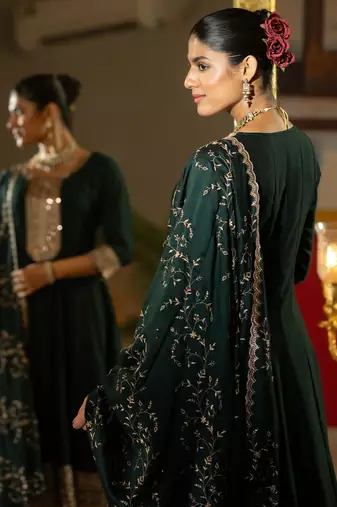 Green silk blend embroidered kurta trouser dupatta set