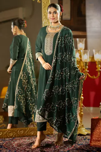 Green silk blend embroidered kurta trouser dupatta set