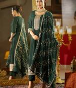 Green silk blend embroidered kurta trouser dupatta set