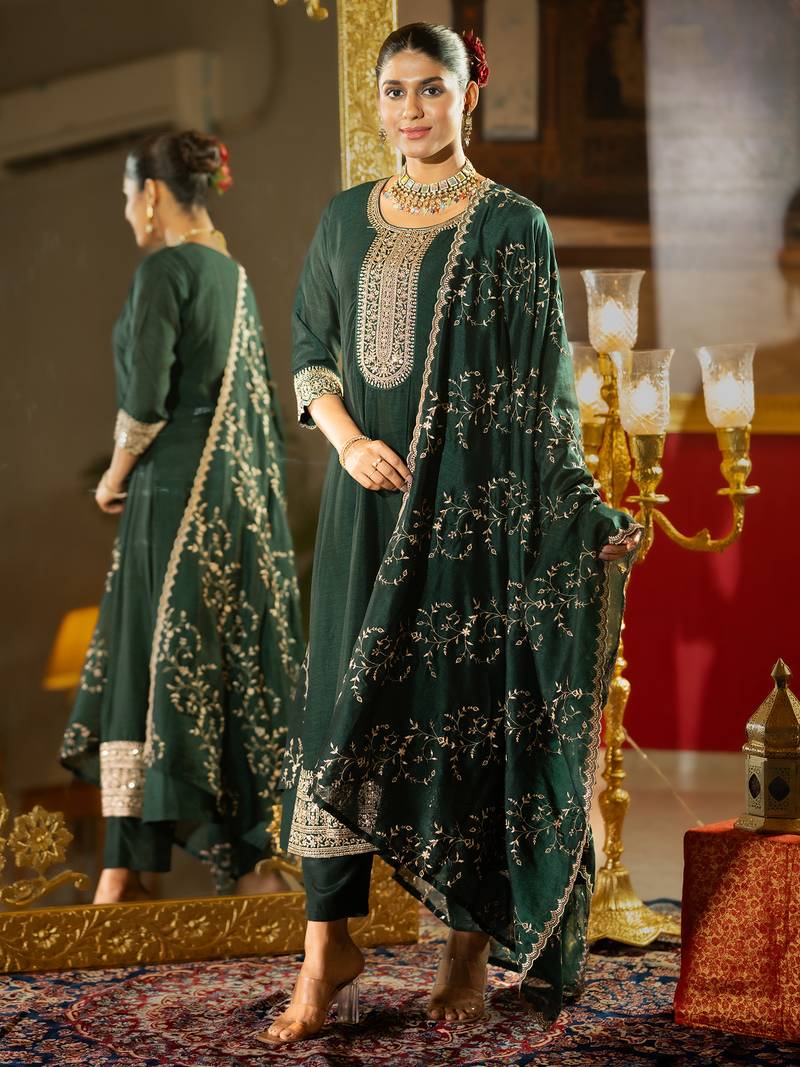 Green silk blend embroidered kurta trouser dupatta set