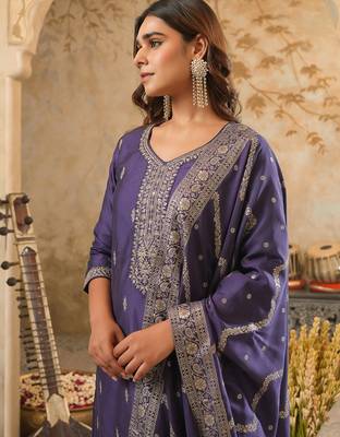 Purple silk blend embroidered kurta trouser dupatta set 1