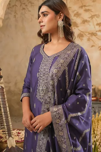 Purple silk blend embroidered kurta trouser dupatta set