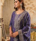 Purple silk blend embroidered kurta trouser dupatta set