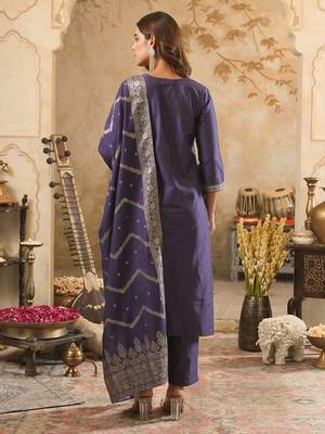 Purple silk blend embroidered kurta trouser dupatta set 2
