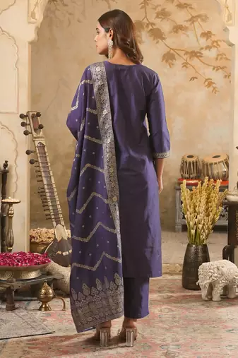 Purple silk blend embroidered kurta trouser dupatta set