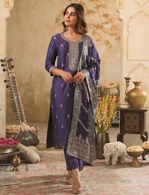 Purple silk blend embroidered kurta trouser dupatta set 3