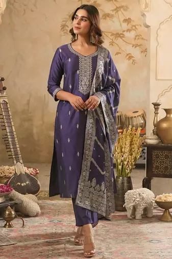 Purple silk blend embroidered kurta trouser dupatta set