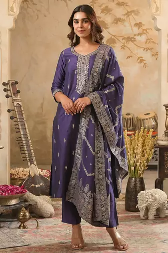 Purple silk blend embroidered kurta trouser dupatta set