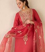 Red silk blend embroidered kurta trouser dupatta set