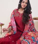 Pink viscose rayon embroidered kurta trouser dupatta set