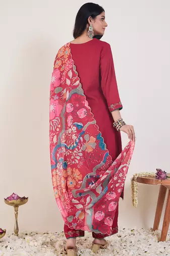 Pink viscose rayon embroidered kurta trouser dupatta set