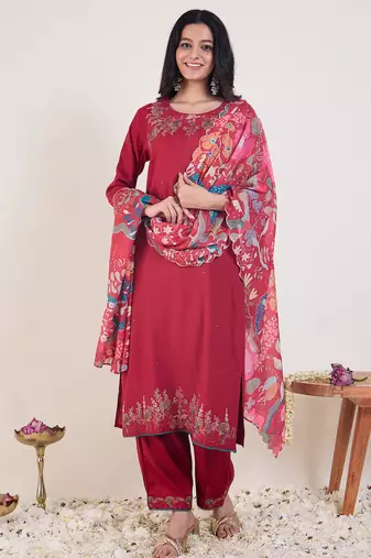 Pink viscose rayon embroidered kurta trouser dupatta set