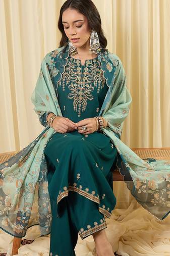 Teal viscose rayon embroidered kurta trouser dupatta set