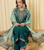 Teal viscose rayon embroidered kurta trouser dupatta set