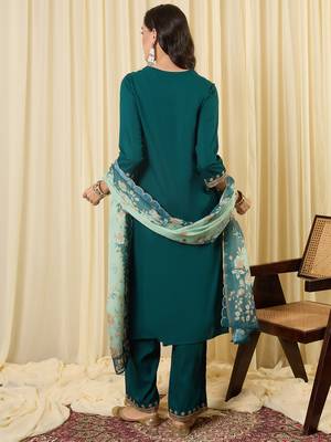 Teal viscose rayon embroidered kurta trouser dupatta set 2