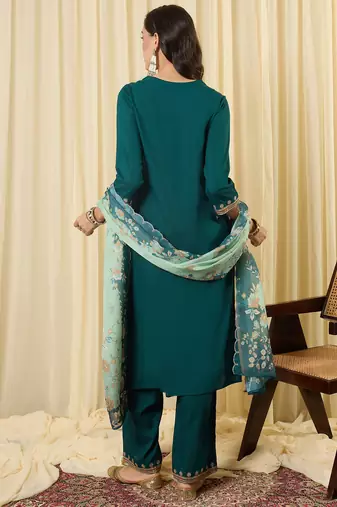 Teal viscose rayon embroidered kurta trouser dupatta set