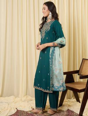 Teal viscose rayon embroidered kurta trouser dupatta set 3