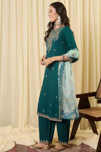 Teal viscose rayon embroidered kurta trouser dupatta set