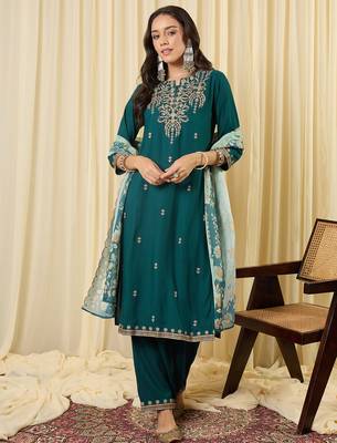 Teal viscose rayon embroidered kurta trouser dupatta set 4
