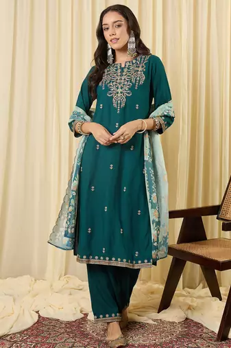 Teal viscose rayon embroidered kurta trouser dupatta set