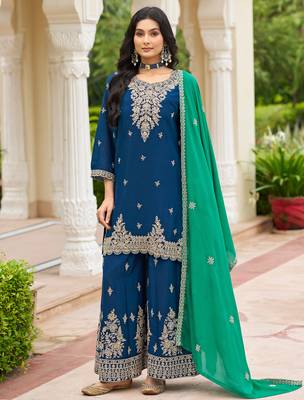 Navy blue chinon embroidered kurta trouser dupatta set 1