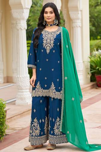 Navy blue chinon embroidered kurta trouser dupatta set
