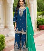 Navy blue chinon embroidered kurta trouser dupatta set