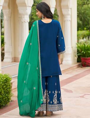 Navy blue chinon embroidered kurta trouser dupatta set 2